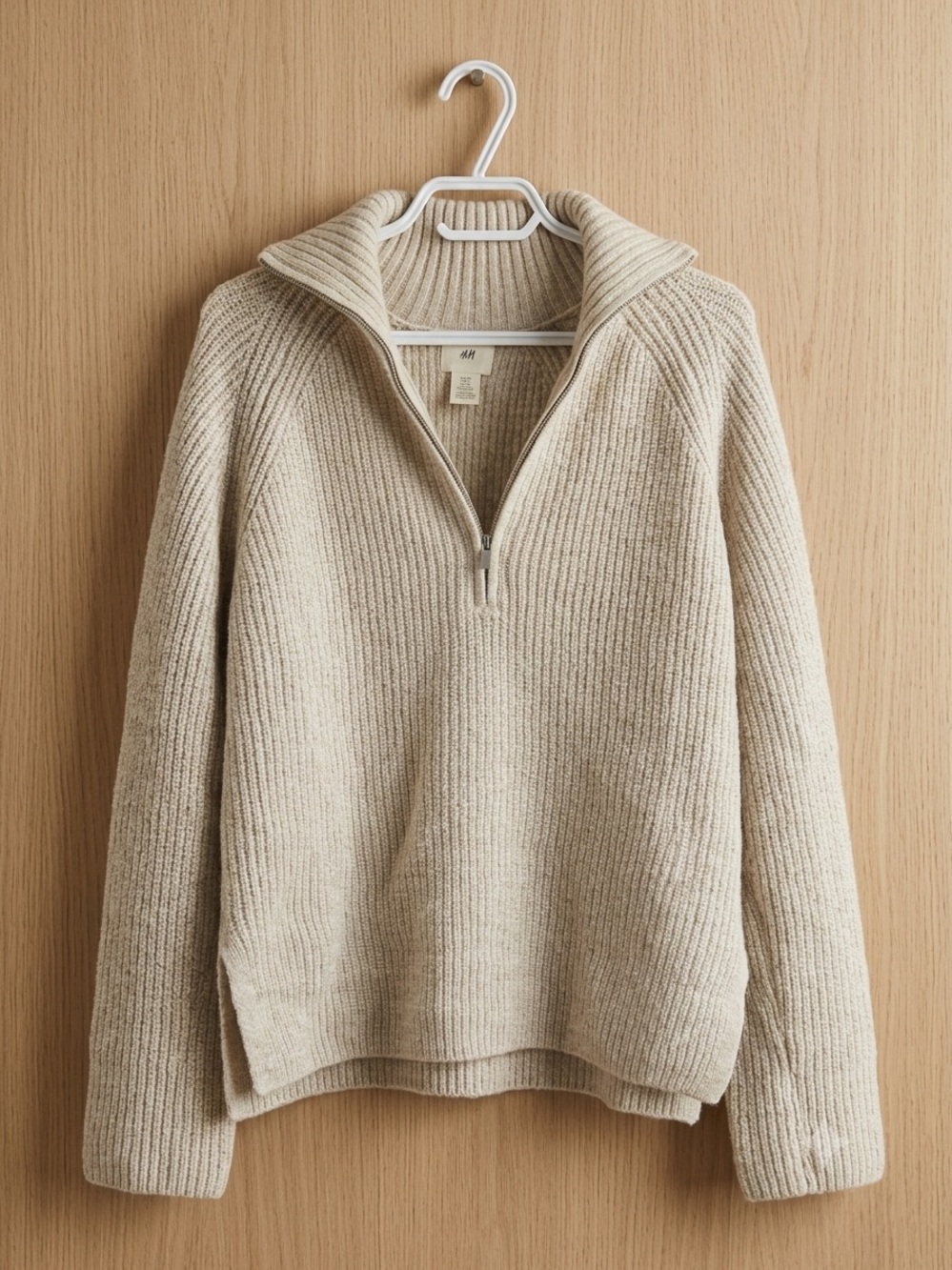 H&M Beige Ribbed Half-Zip Turtleneck Sweater